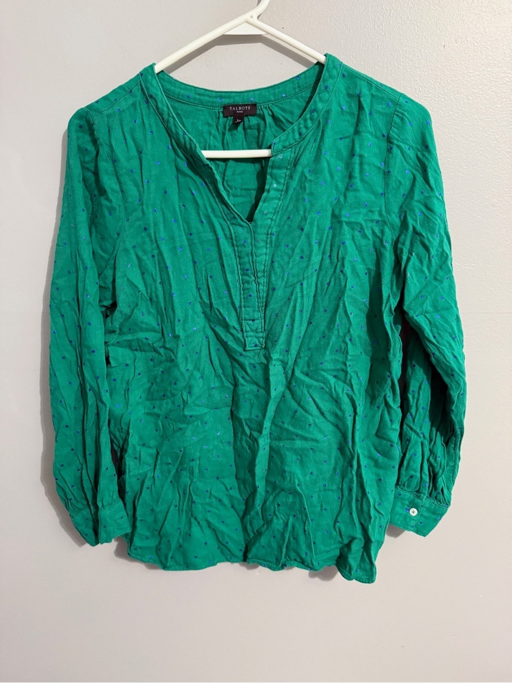 Talbots Top Womens Large Petite Kelly Green Polka Dot Popover Long Sleeve